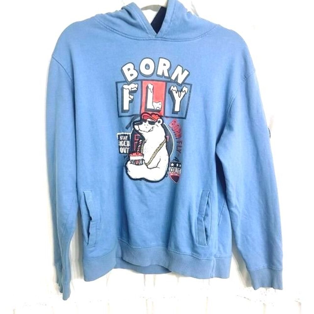 Born Fly Unisex Blue Hoodie Embroidered Polar Bear Cotton Pullover Sweatshirt XL